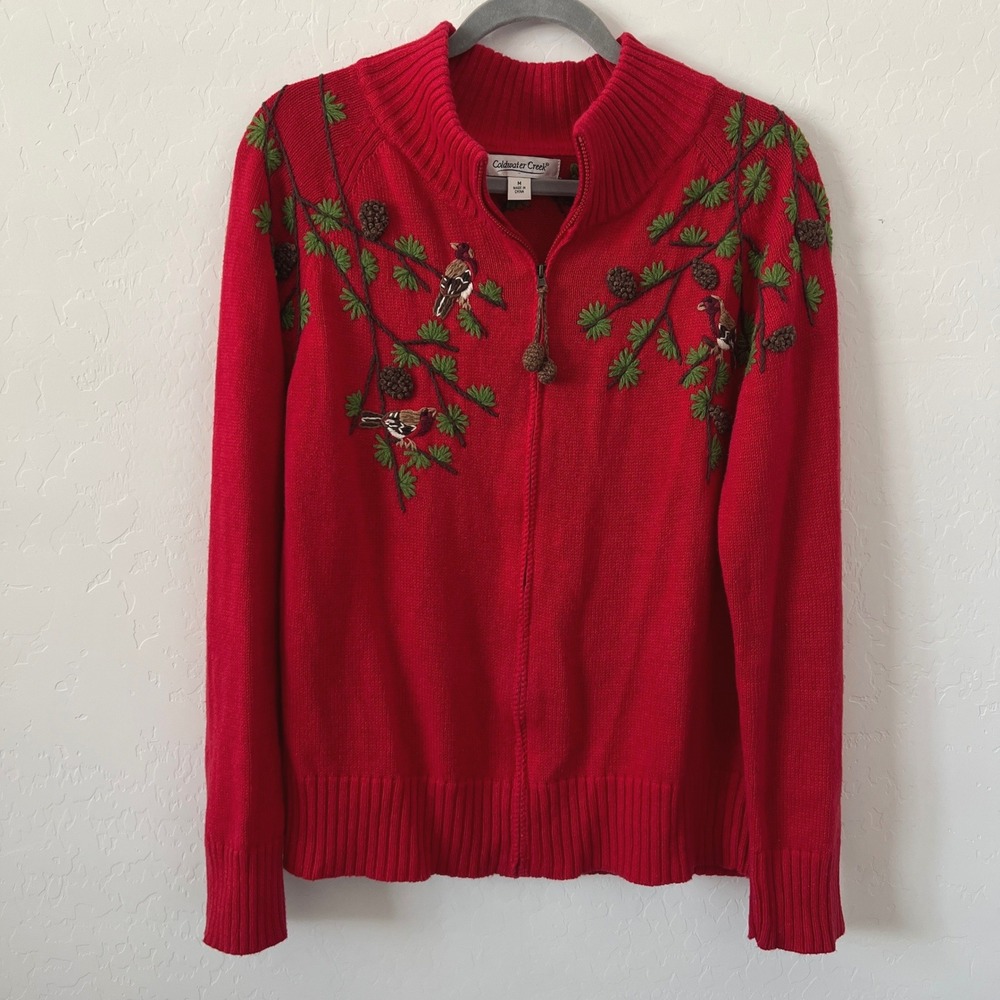 Coldwater Creek Zip Cardigan Women M Red Embroidered Birds Pinecones Sweater